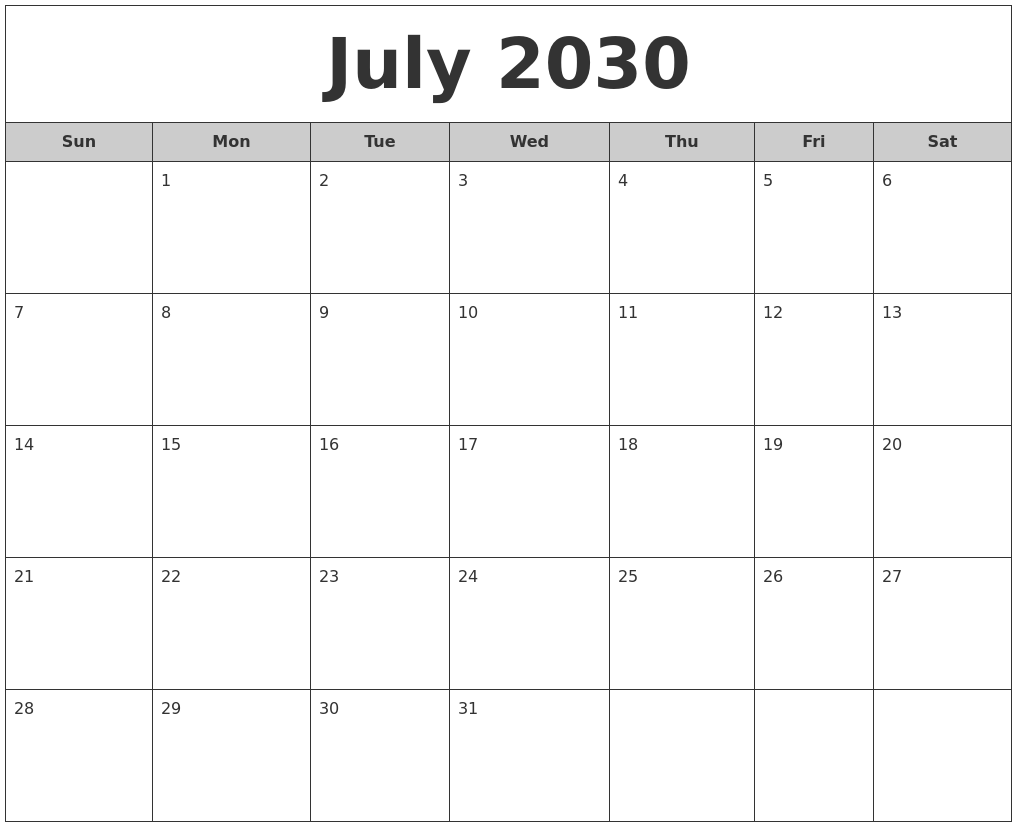 July 2030 Free Monthly Calendar