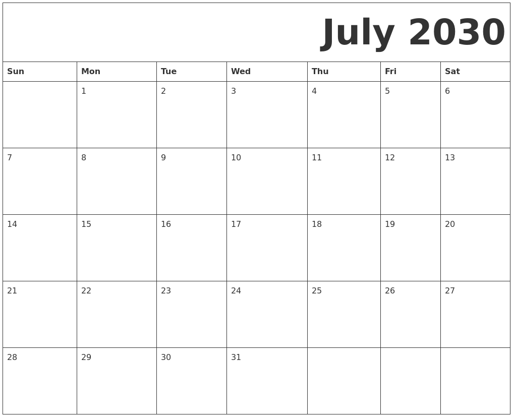 July 2030 Free Printable Calendar