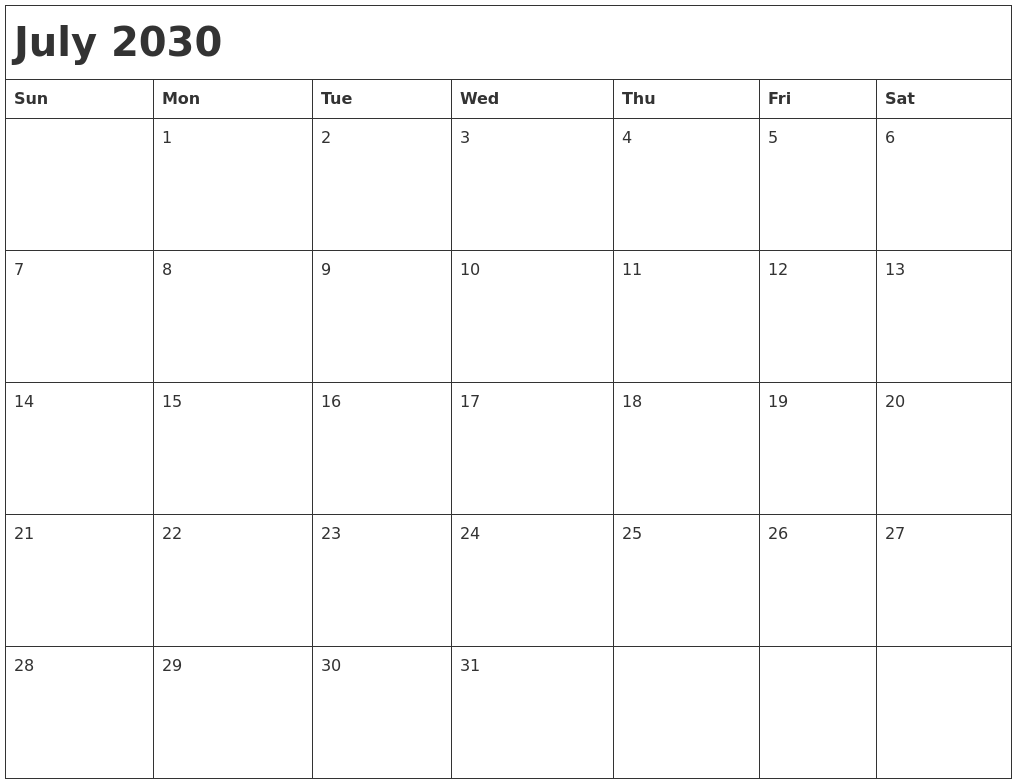 July 2030 Month Calendar