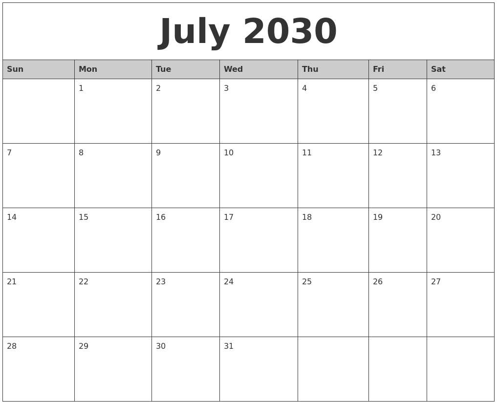 July 2030 Monthly Calendar Printable