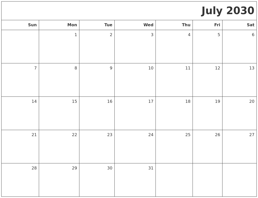 July 2030 Printable Blank Calendar