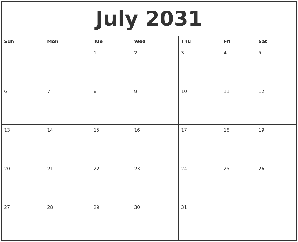 July 2031 Birthday Calendar Template