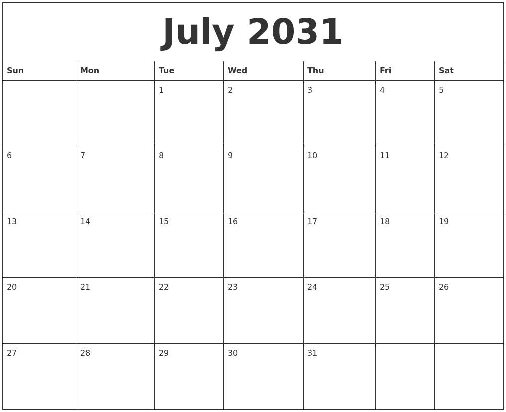 July 2031 Blank Monthly Calendar Template