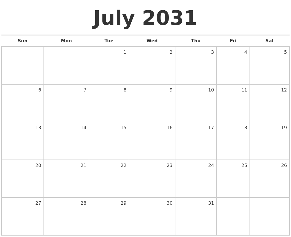 July 2031 Blank Monthly Calendar