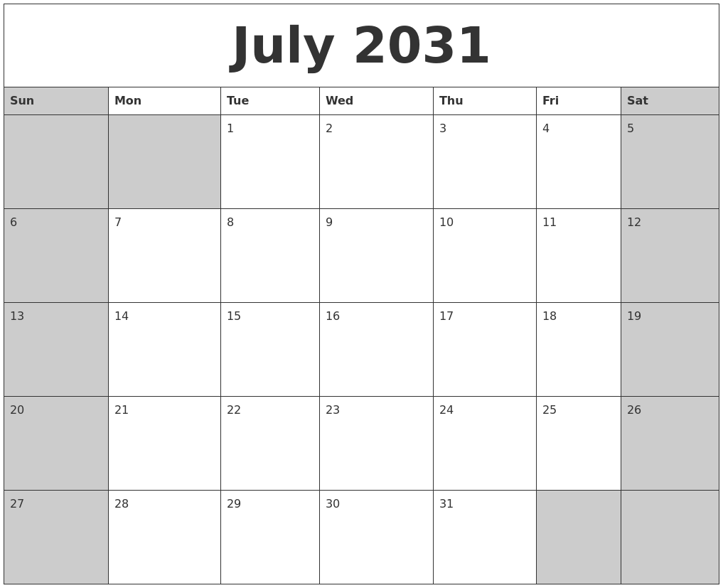 July 2031 Calanders