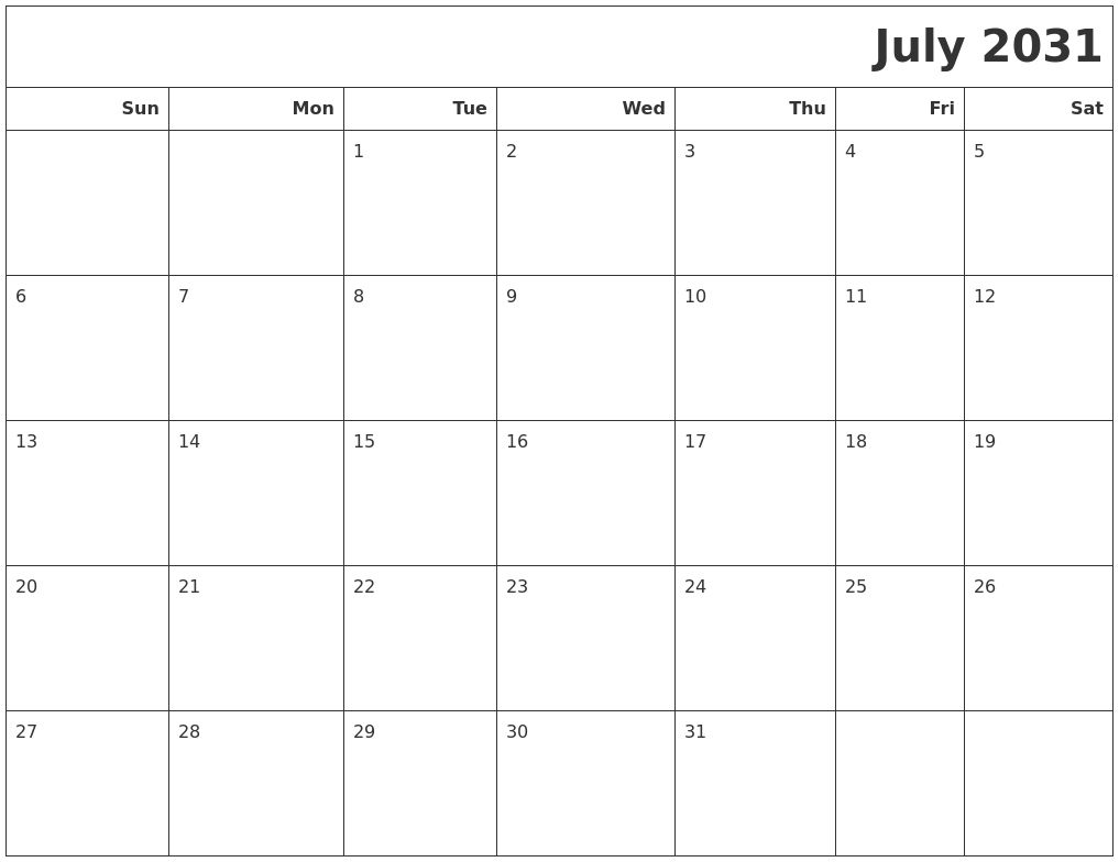 July 2031 Calendars To Print