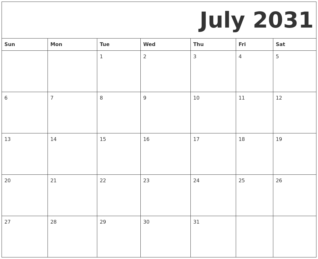 July 2031 Free Printable Calendar