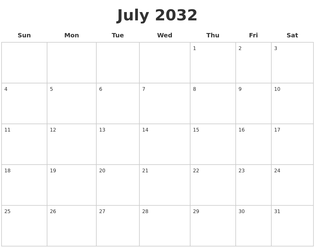 July 2032 Blank Calendar Pages