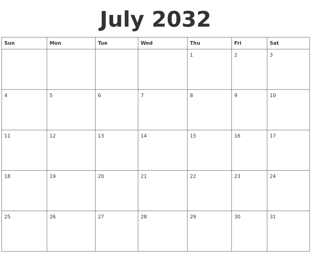 July 2032 Blank Calendar Template