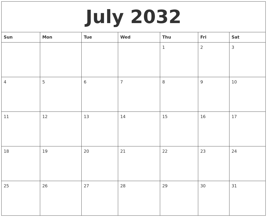 July 2032 Blank Monthly Calendar Pdf