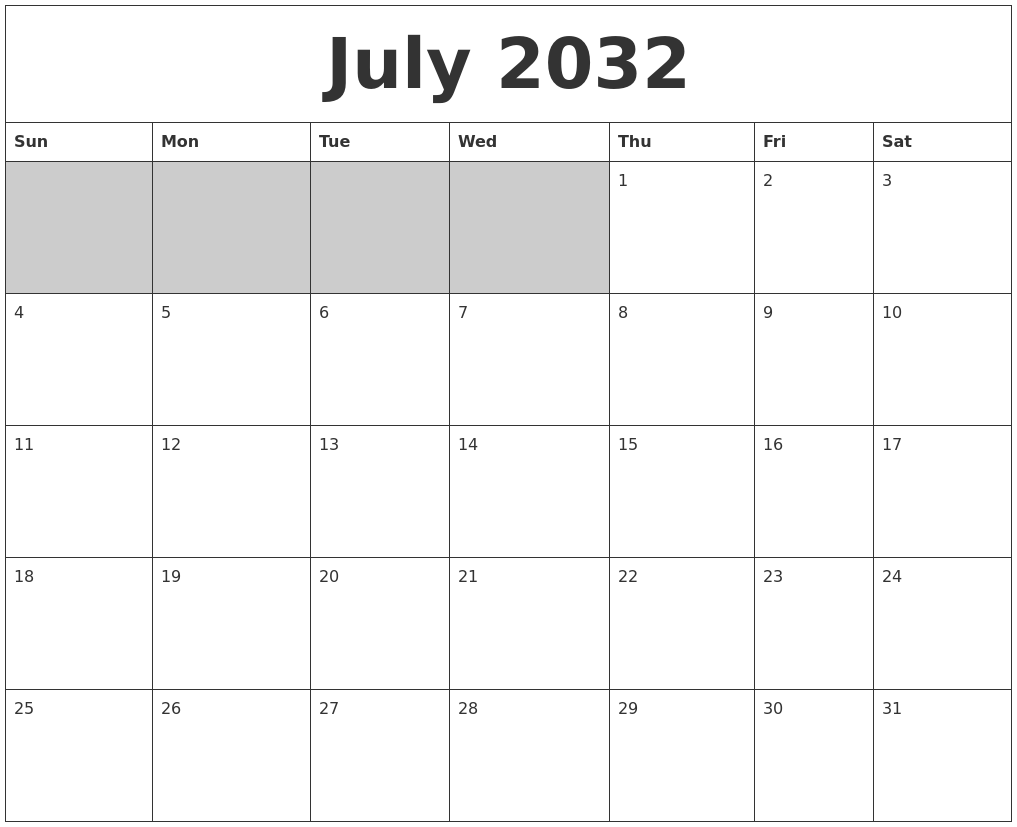 July 2032 Blank Printable Calendar