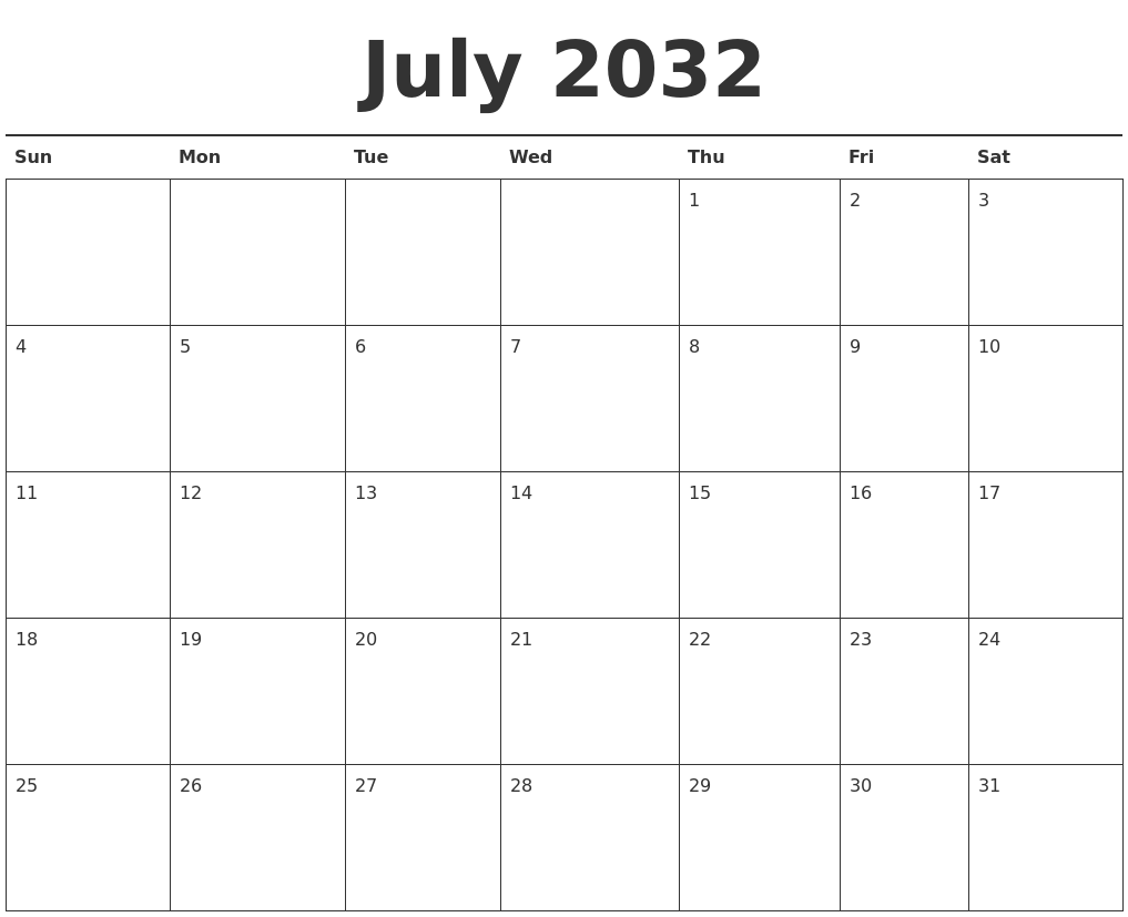 July 2032 Calendar Printable