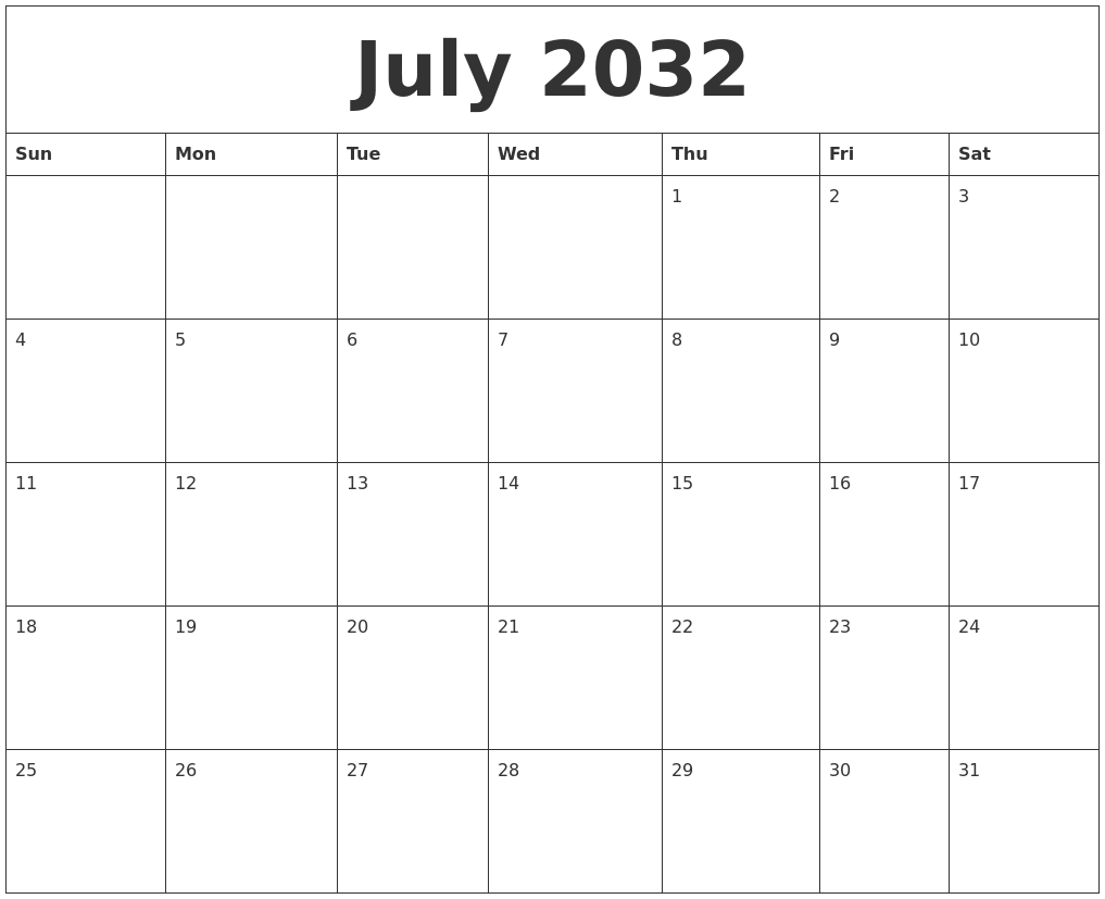 July 2032 Month Calendar Template