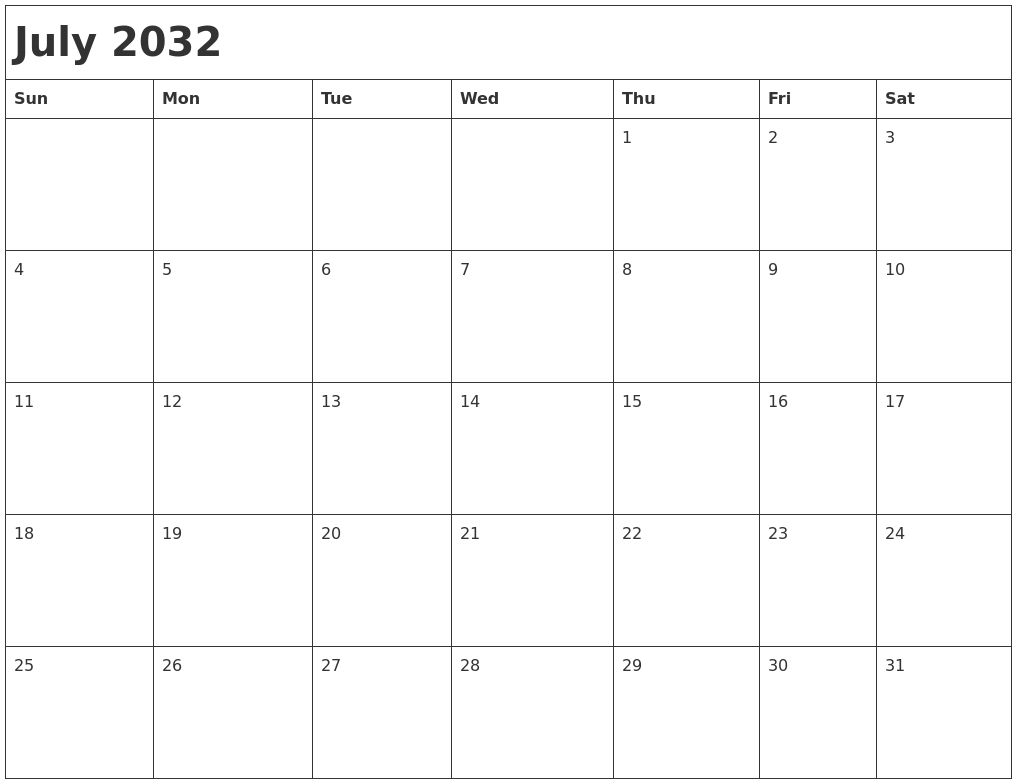 July 2032 Month Calendar