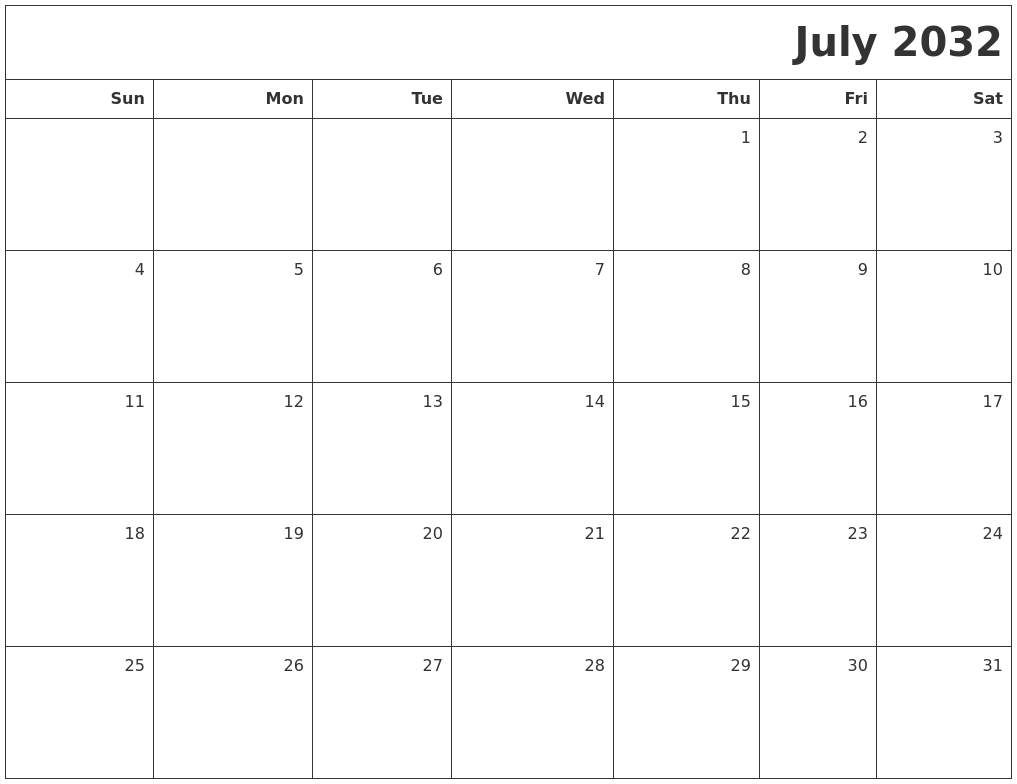 July 2032 Printable Blank Calendar