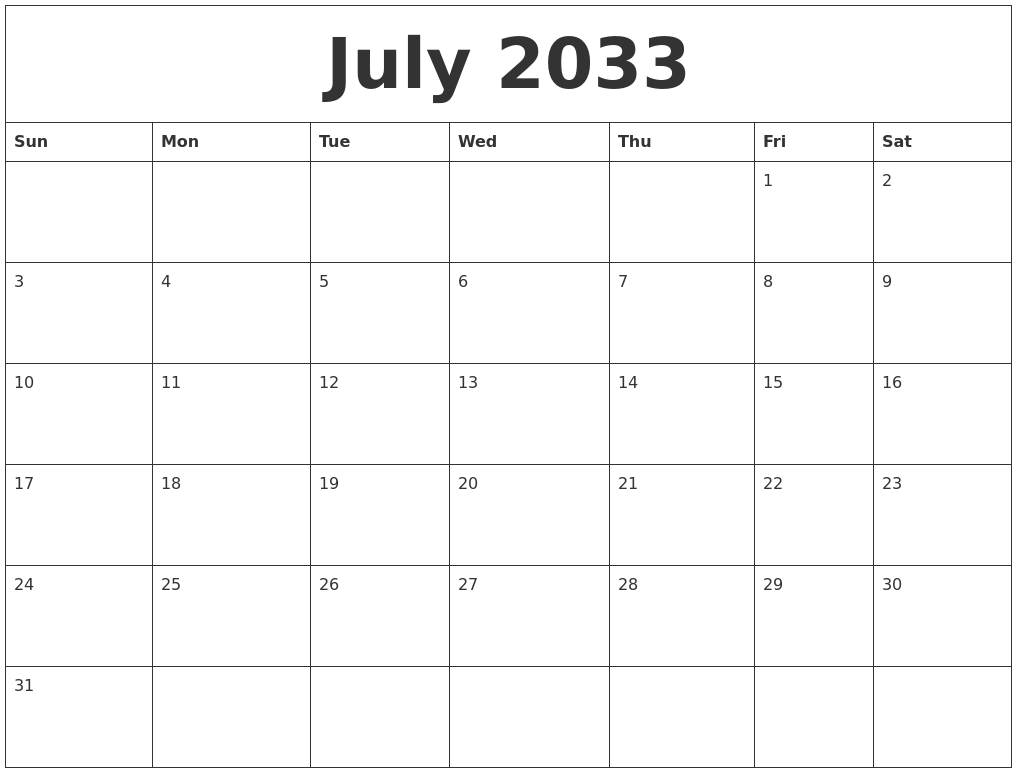 July 2033 Birthday Calendar Template