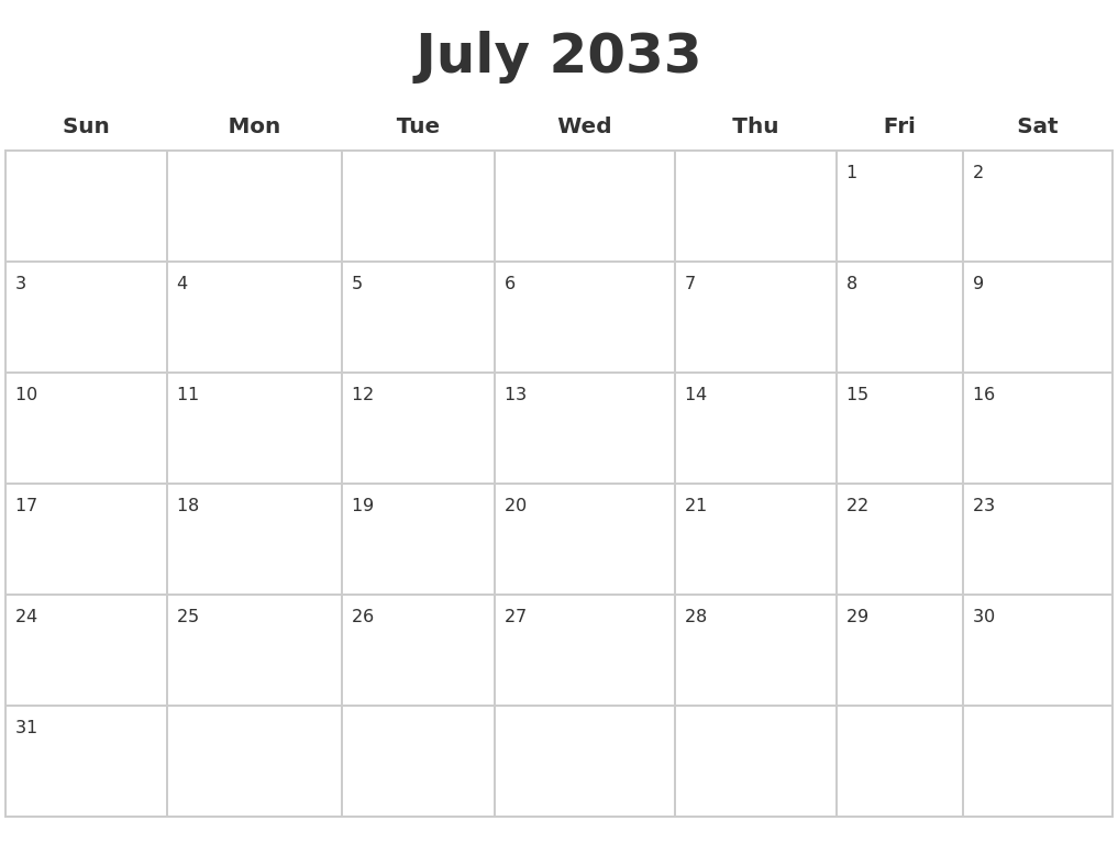 July 2033 Blank Calendar Pages