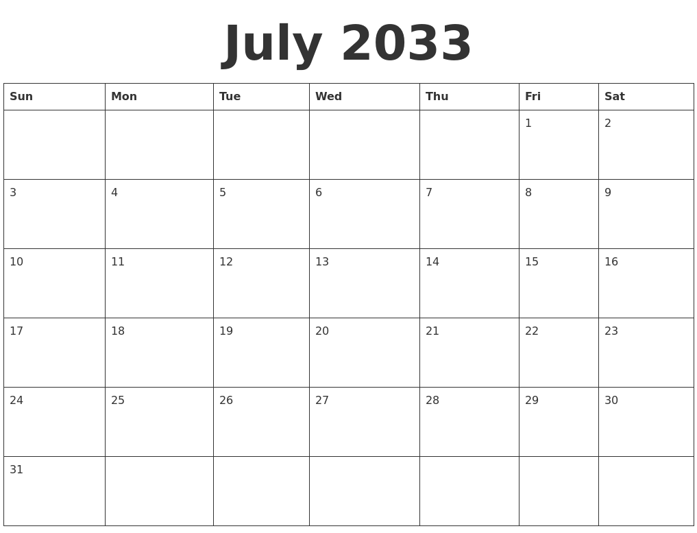July 2033 Blank Calendar Template