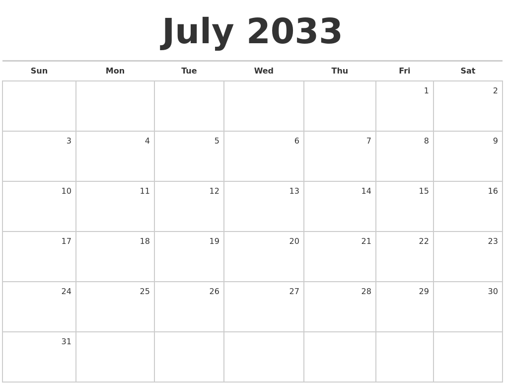 July 2033 Blank Monthly Calendar