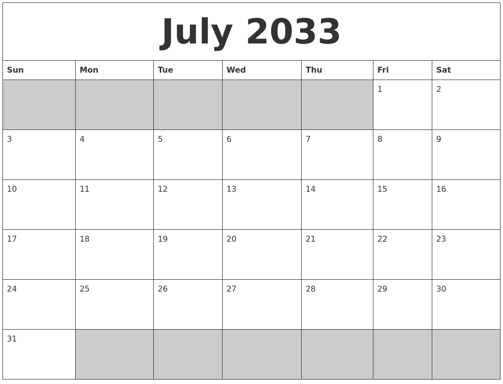 July 2033 Blank Printable Calendar