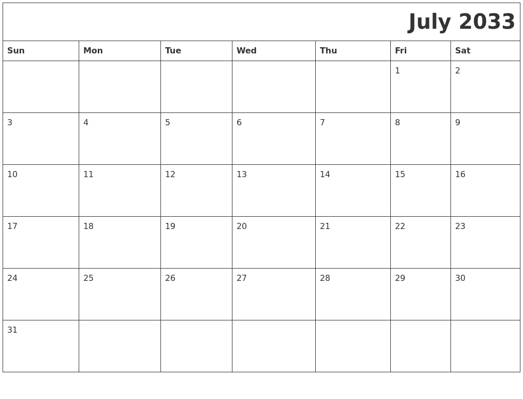 July 2033 Download Calendar