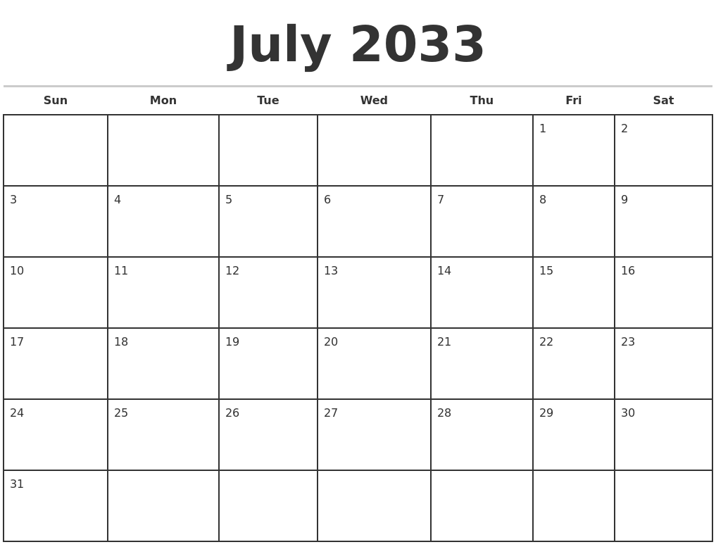 July 2033 Monthly Calendar Template