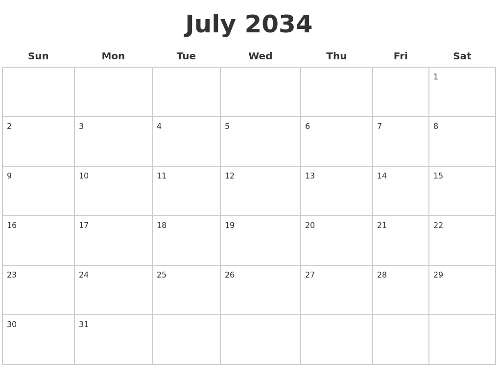 July 2034 Blank Calendar Pages