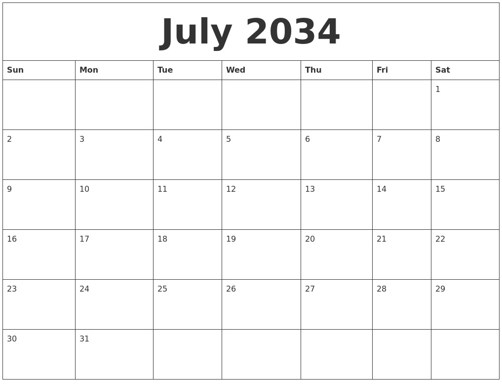 July 2034 Calender Print