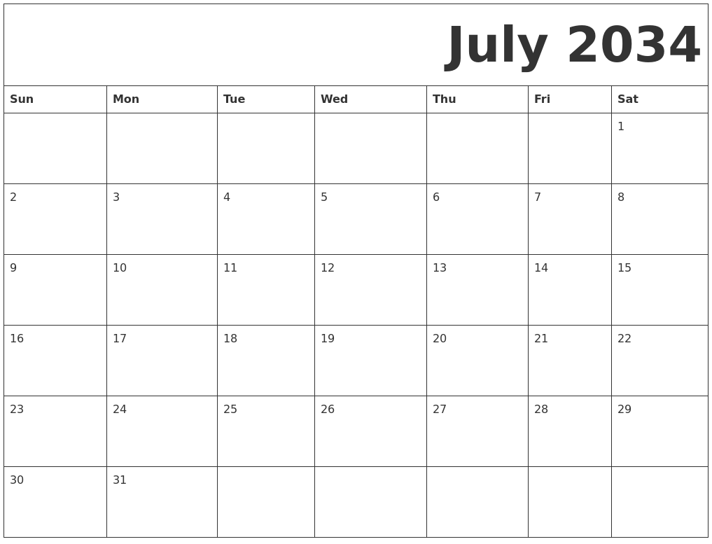 July 2034 Free Printable Calendar