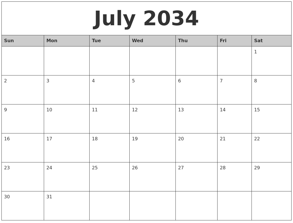 July 2034 Monthly Calendar Printable