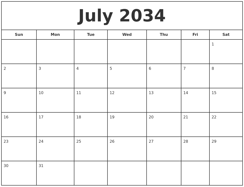 June 2034 Printable Monthly Calendar