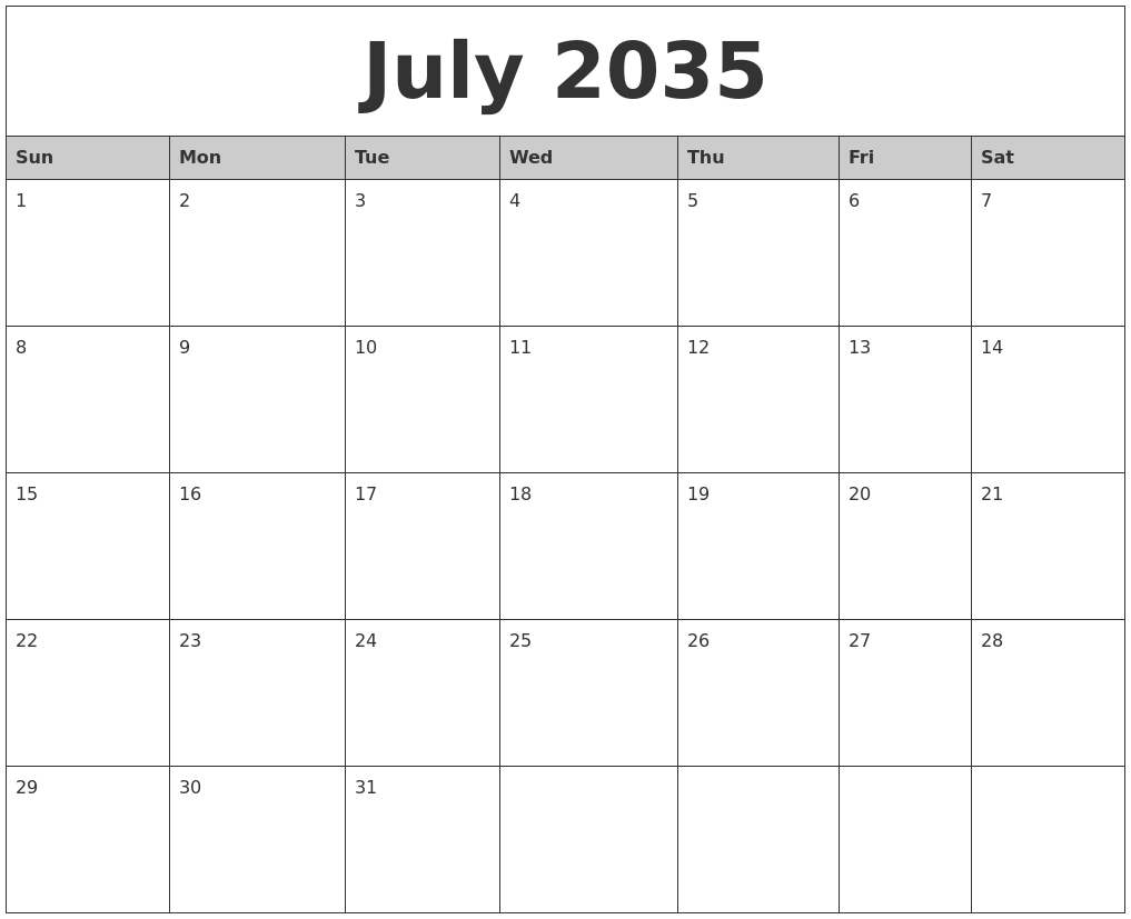 July 2035 Monthly Calendar Printable