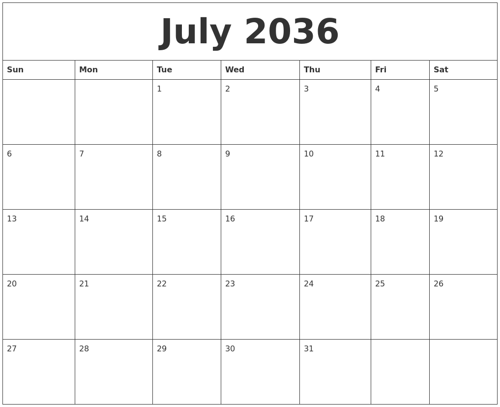 July 2036 Blank Calendar Printable