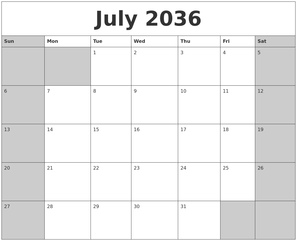 July 2036 Calanders