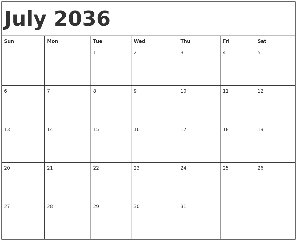July 2036 Calendar Template