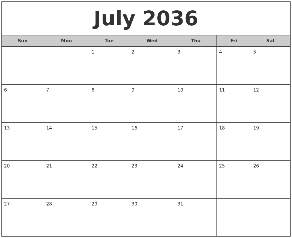 July 2036 Free Monthly Calendar