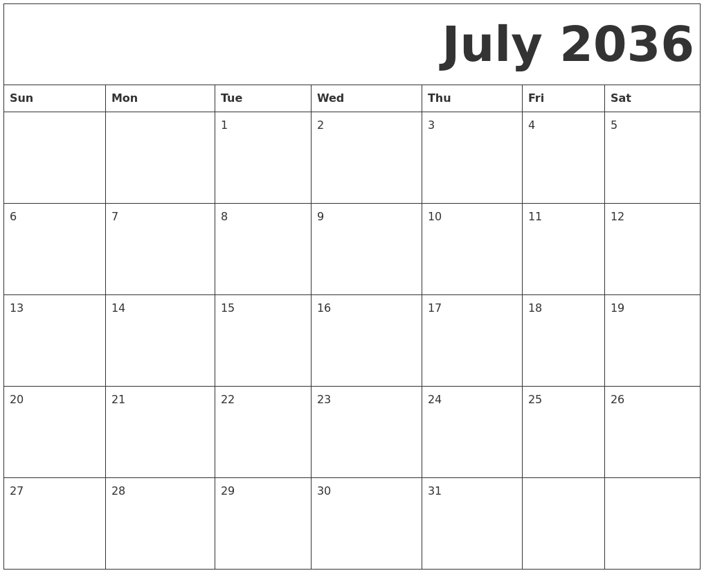 July 2036 Free Printable Calendar