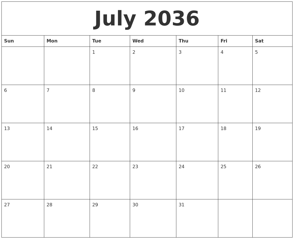 July 2036 Free Printable Weekly Calendar