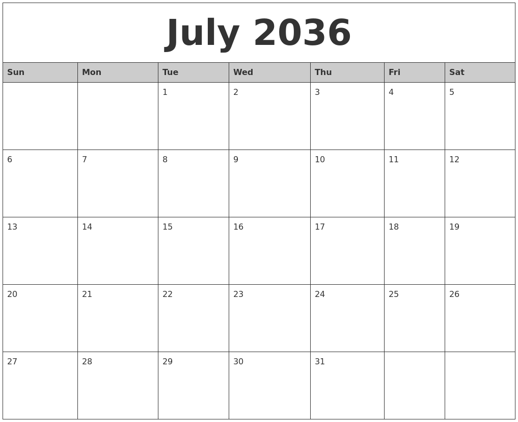 July 2036 Monthly Calendar Printable