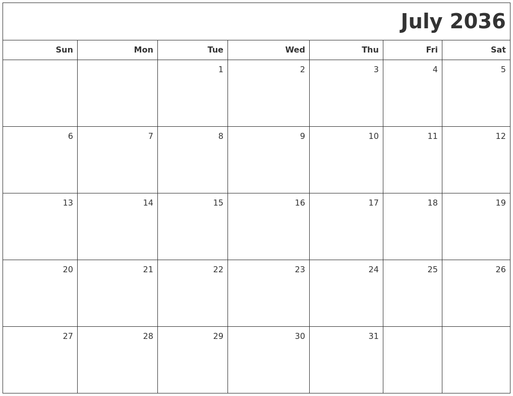 July 2036 Printable Blank Calendar
