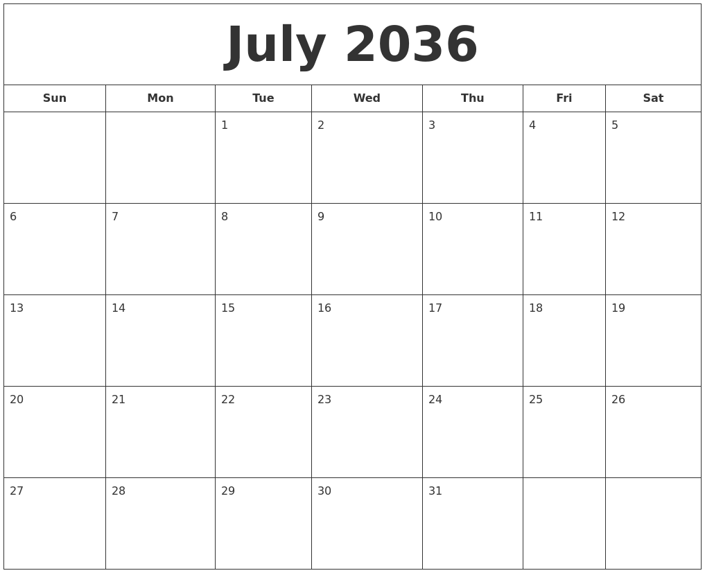 July 2036 Printable Calendar