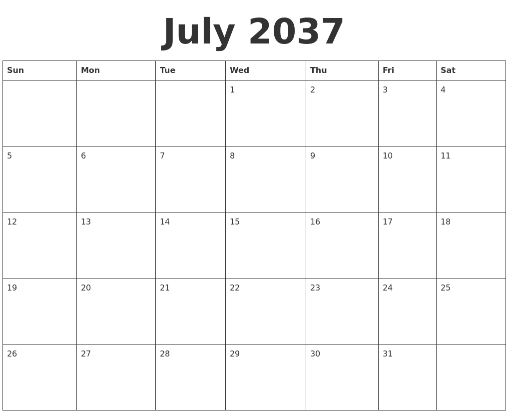 July 2037 Blank Calendar Template