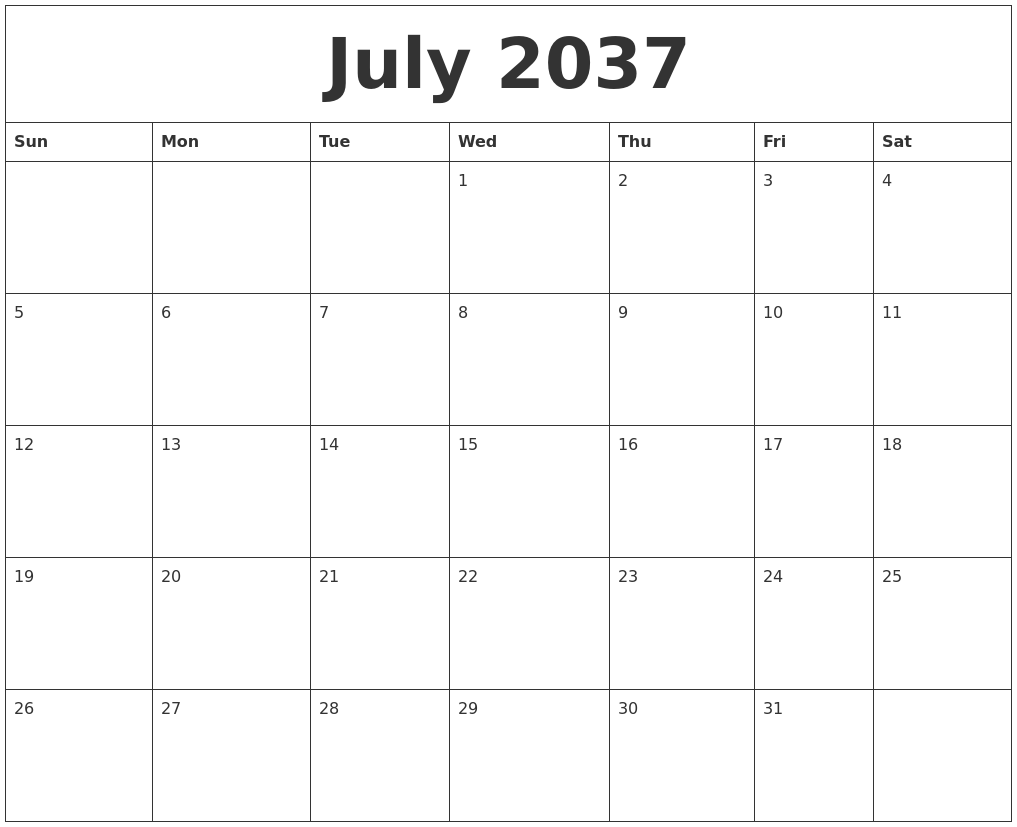 July 2037 Blank Monthly Calendar Pdf