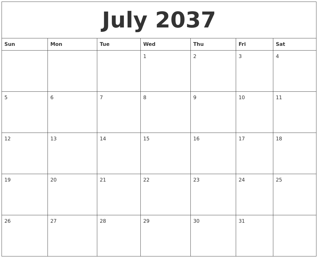July 2037 Blank Monthly Calendar Template