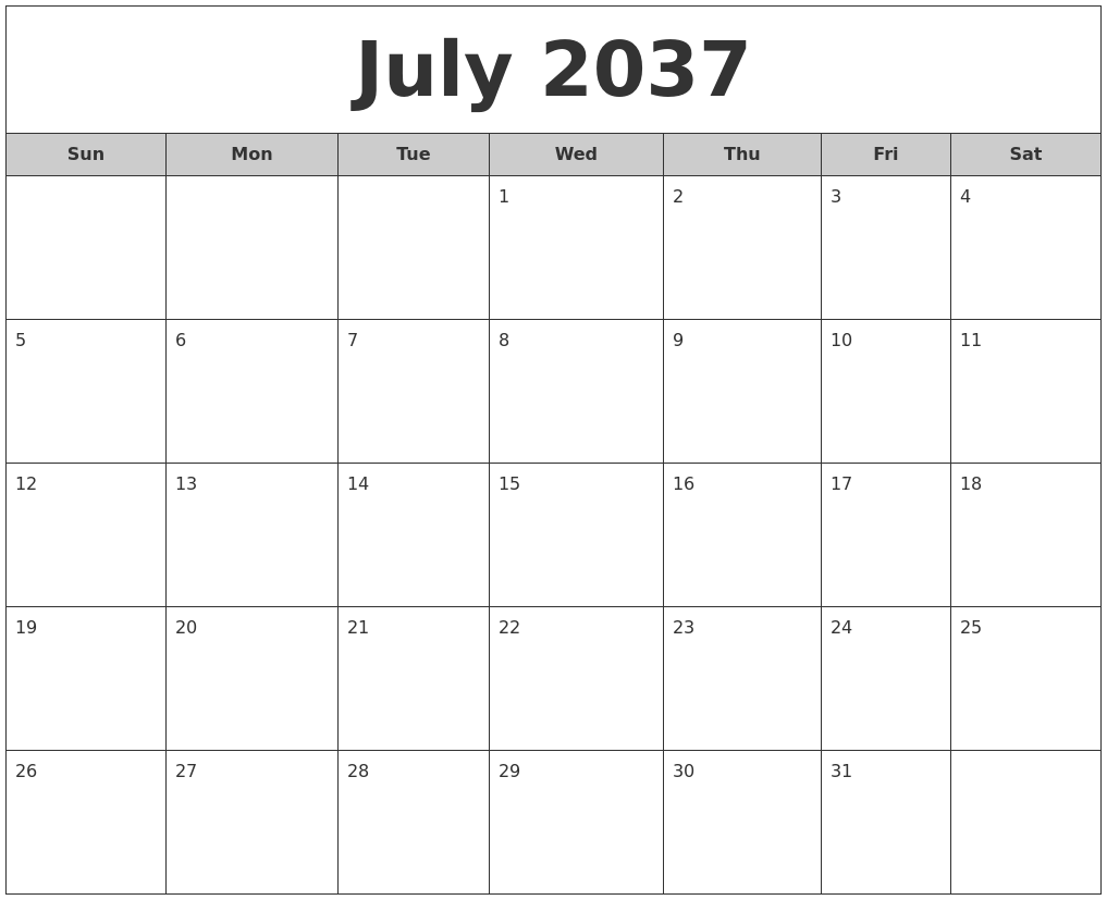 July 2037 Free Monthly Calendar
