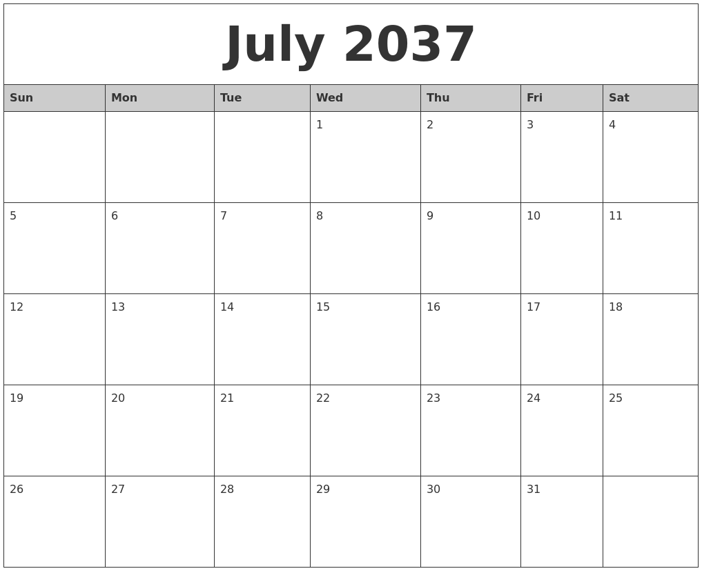 July 2037 Monthly Calendar Printable