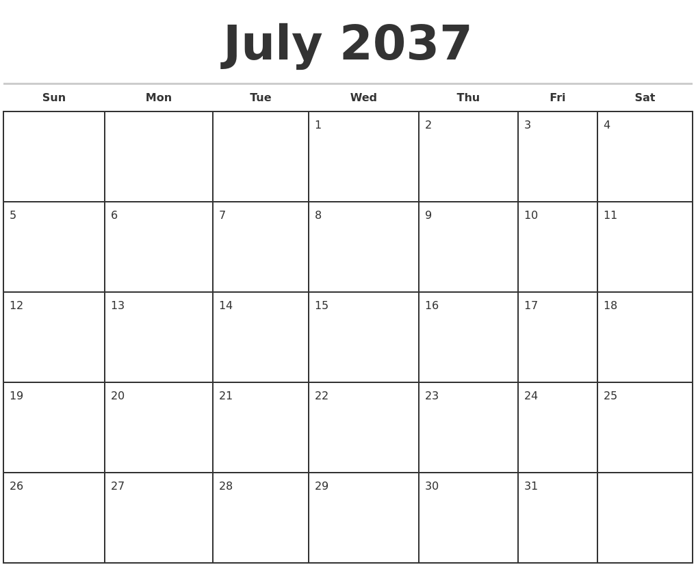 July 2037 Monthly Calendar Template