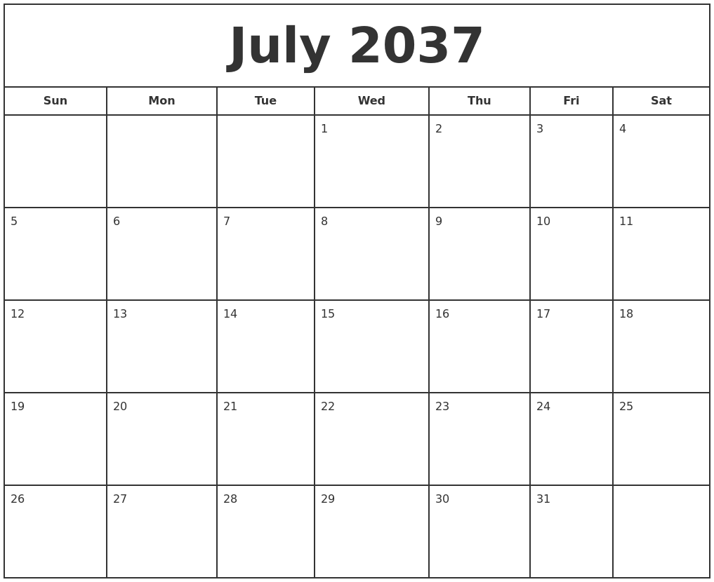 July 2037 Print Free Calendar