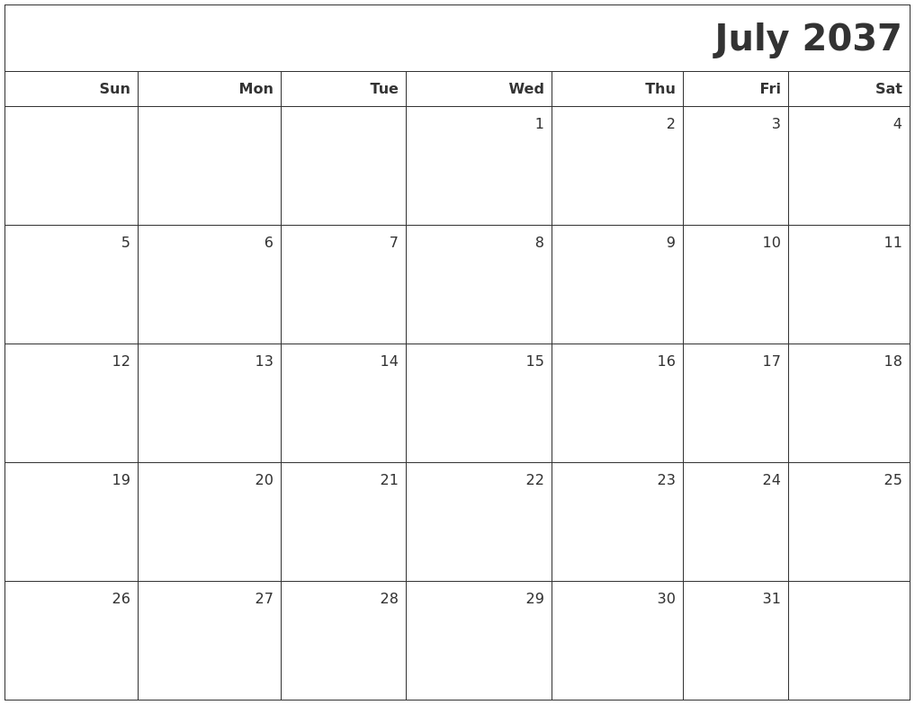July 2037 Printable Blank Calendar