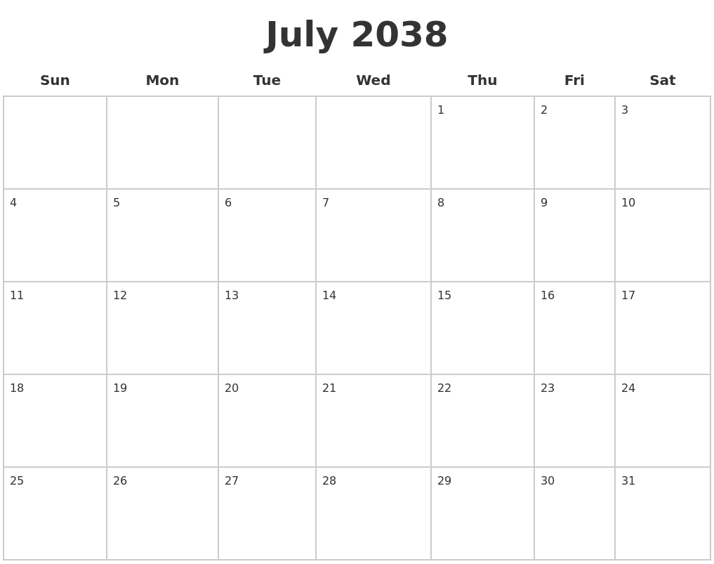 July 2038 Blank Calendar Pages